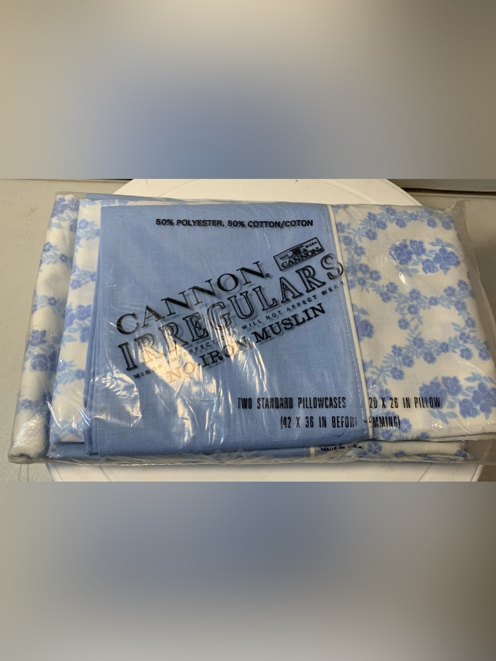 Cannon Pair of Irregulars Muslin Standard  Blue Floral Pillowcases.        3938K